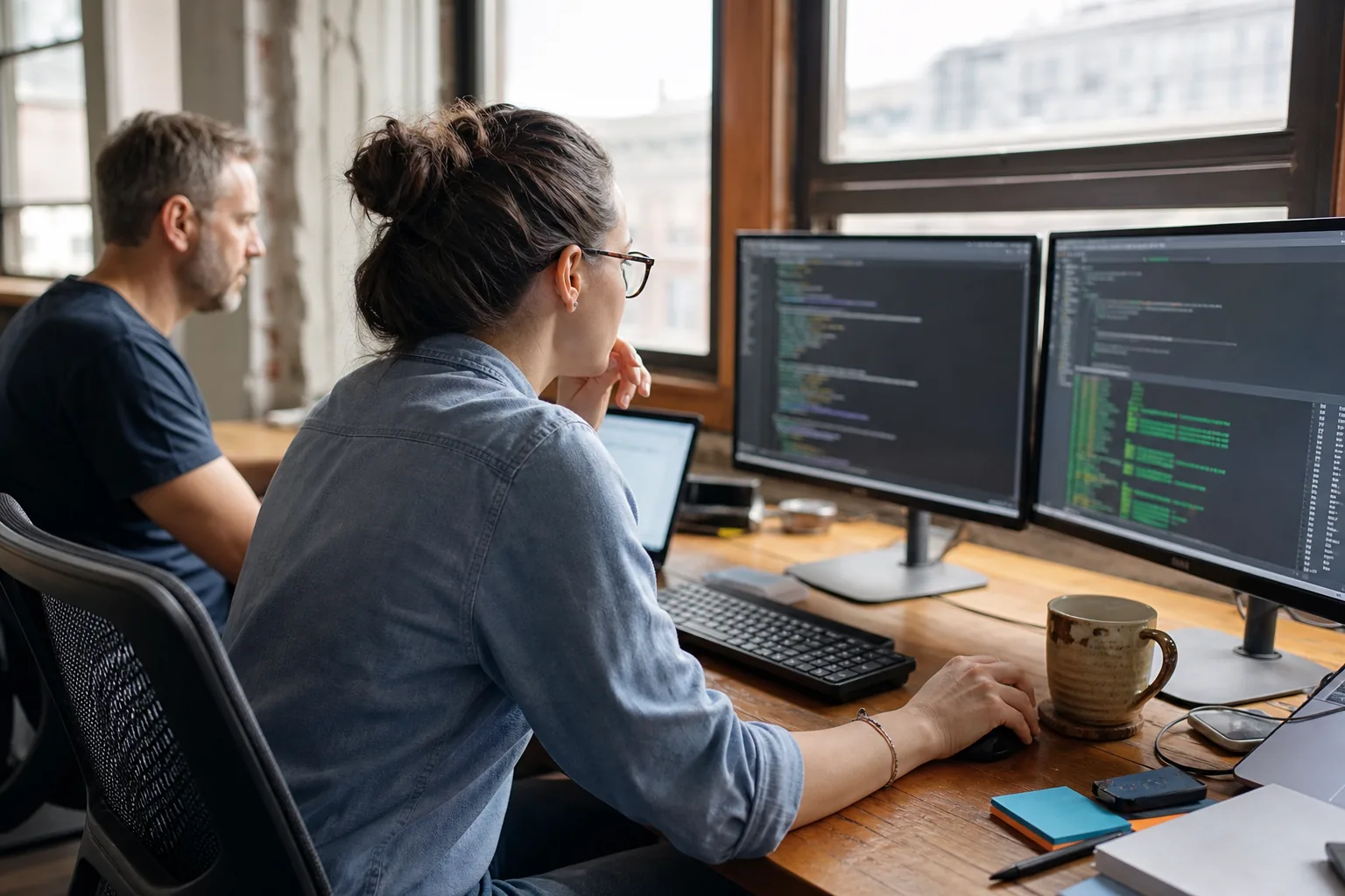 Two developers at a shared desk in a small agency studio comparing a PHP app and a Node.js service on two monitors