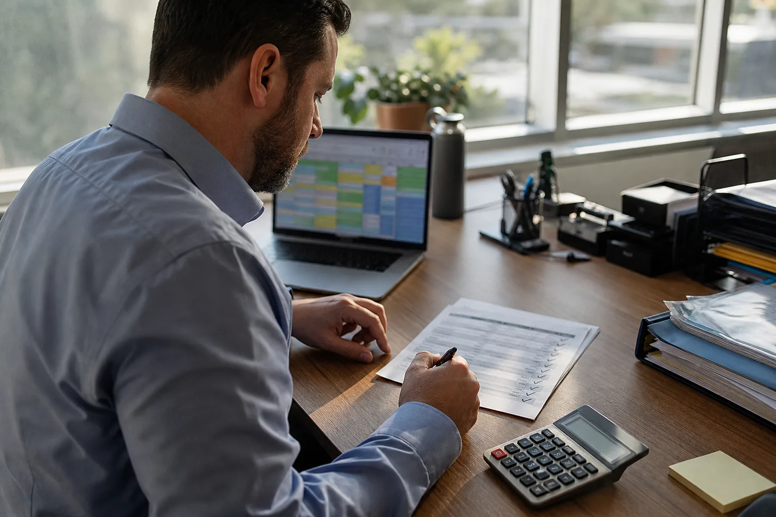 Agency operations lead at a desk reviewing a monthly tooling budget spreadsheet on a laptop next to a printed server list