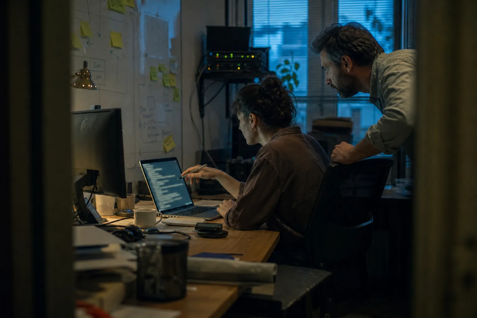 Two developers in a small agency office reviewing a deploy log on a laptop, one pointing at the screen with a pen