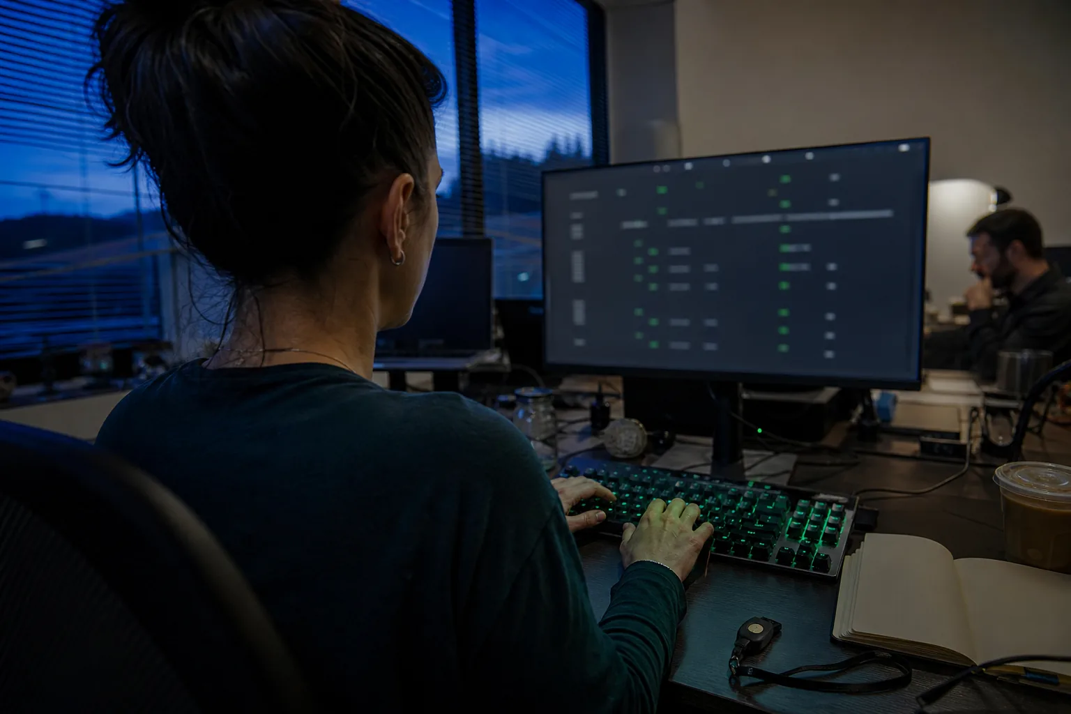 Three engineers in a small agency office, seen from behind, in front of a wall screen listing servers with green status rows