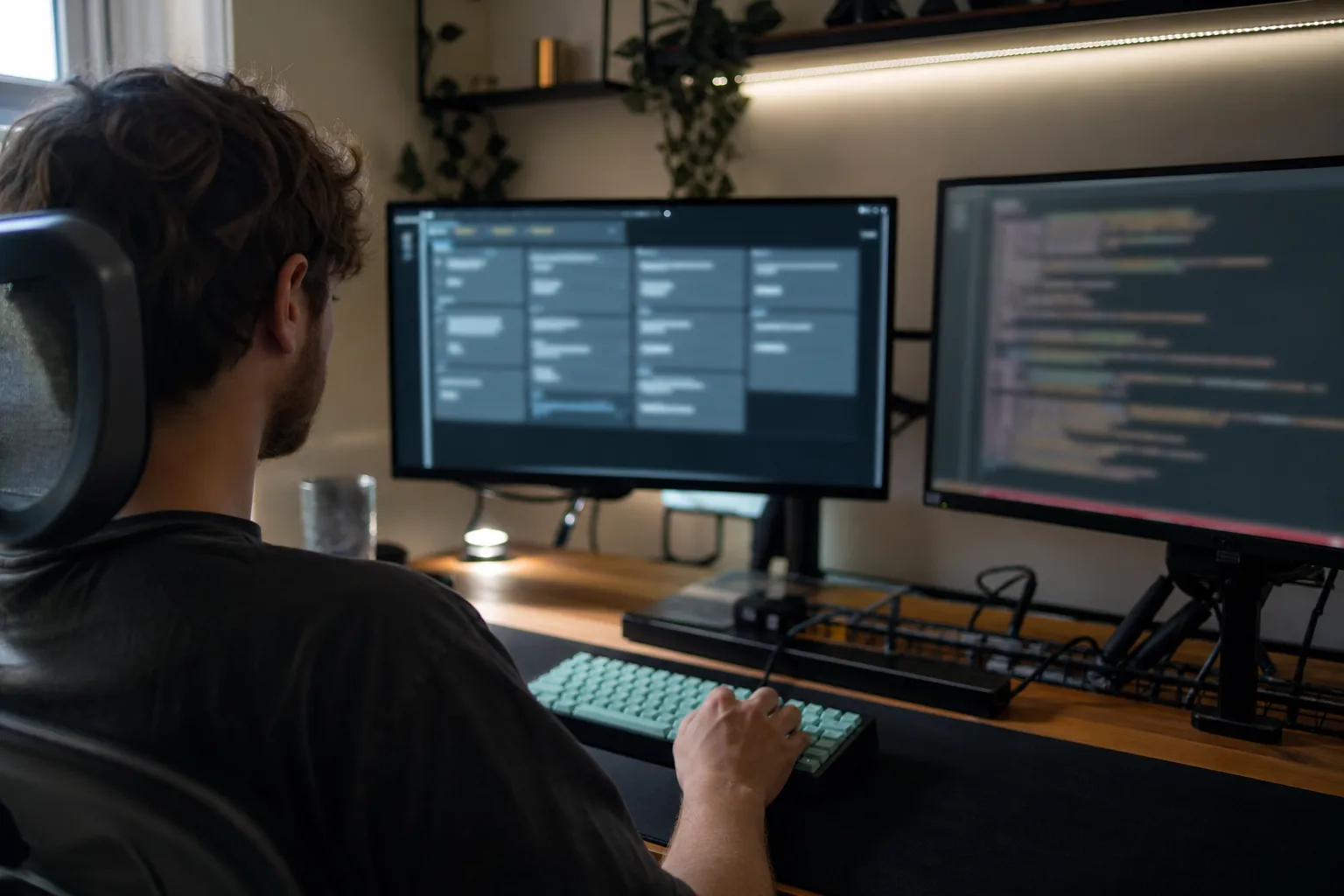 Developer at a dual monitor desk with a mechanical keyboard testing an API with request and response panes