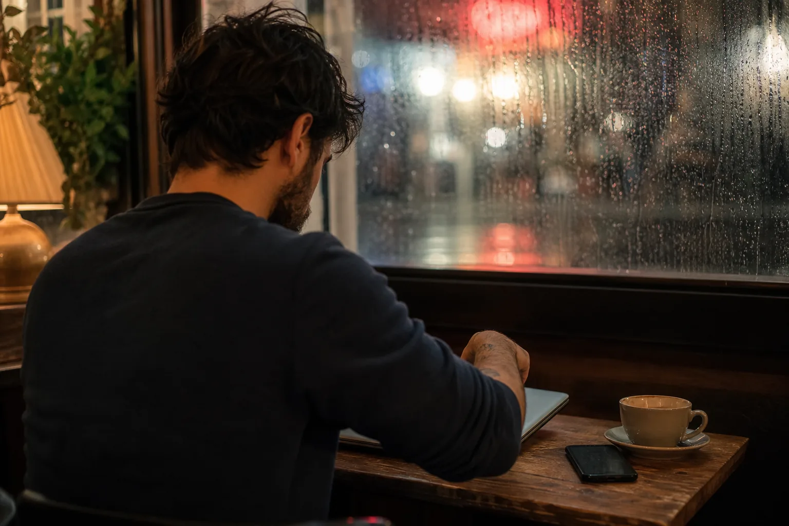 Developer at a cafe table at dusk closing a laptop, phone face down next to a flat white, rain on the window