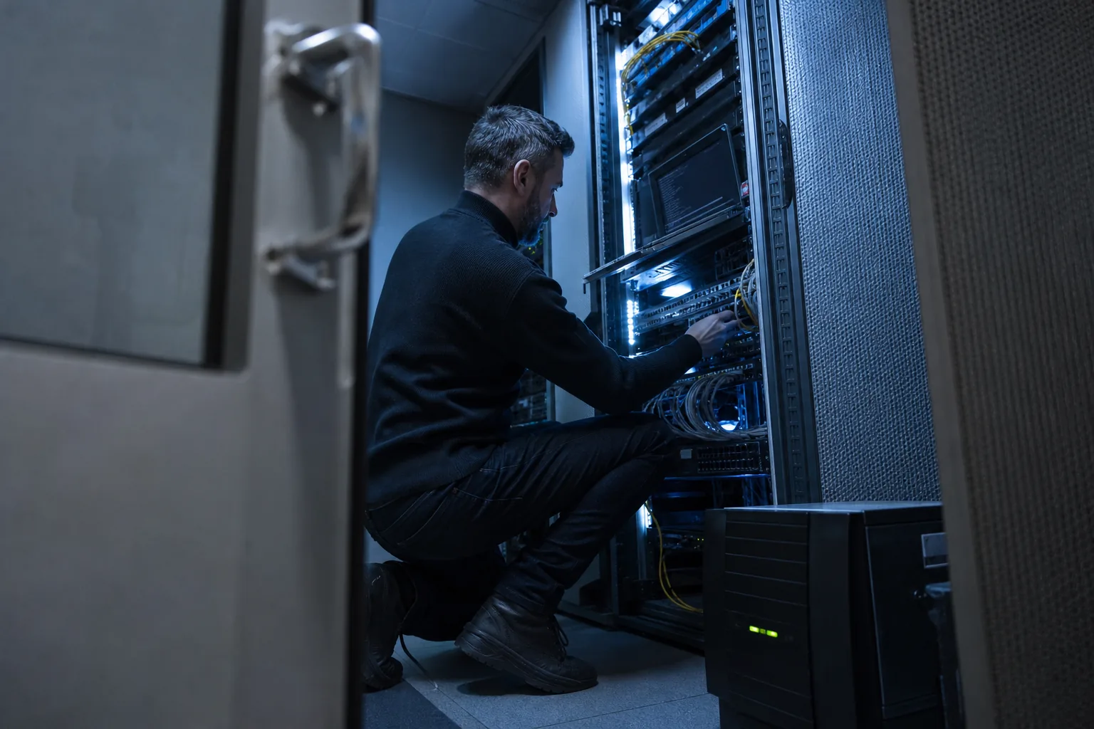 CTO crouching at an open server cabinet in a small office server room lit by cool blue LED strips, laptop on the rack rail showing a dark terminal