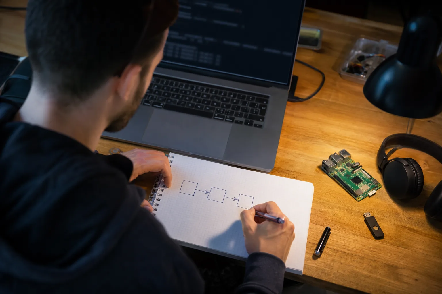 Top-down view of a developer's desk with a laptop terminal, a notebook with a hand-sketched diagram of boxes and arrows and a hardware security key