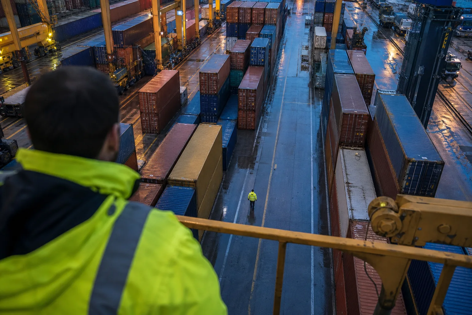 Containers stacked at a sea port at blue hour seen from a crane walkway
