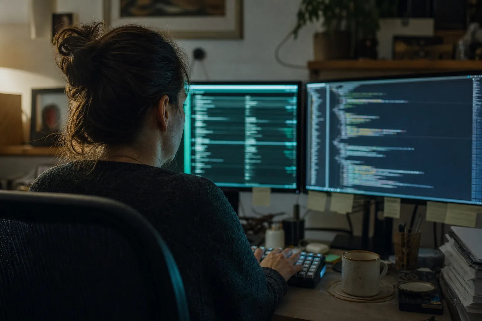 Backend developer at a desk at night watching deploy logs scroll in a dark terminal on two monitors