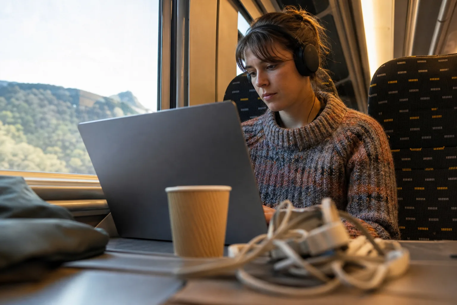 Developer with headphones on a train working on a JavaScript service, laptop on a fold-down table
