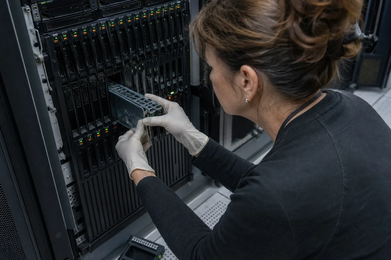 Operations engineer swapping a hot-swap drive in a storage array inside a data center cabinet