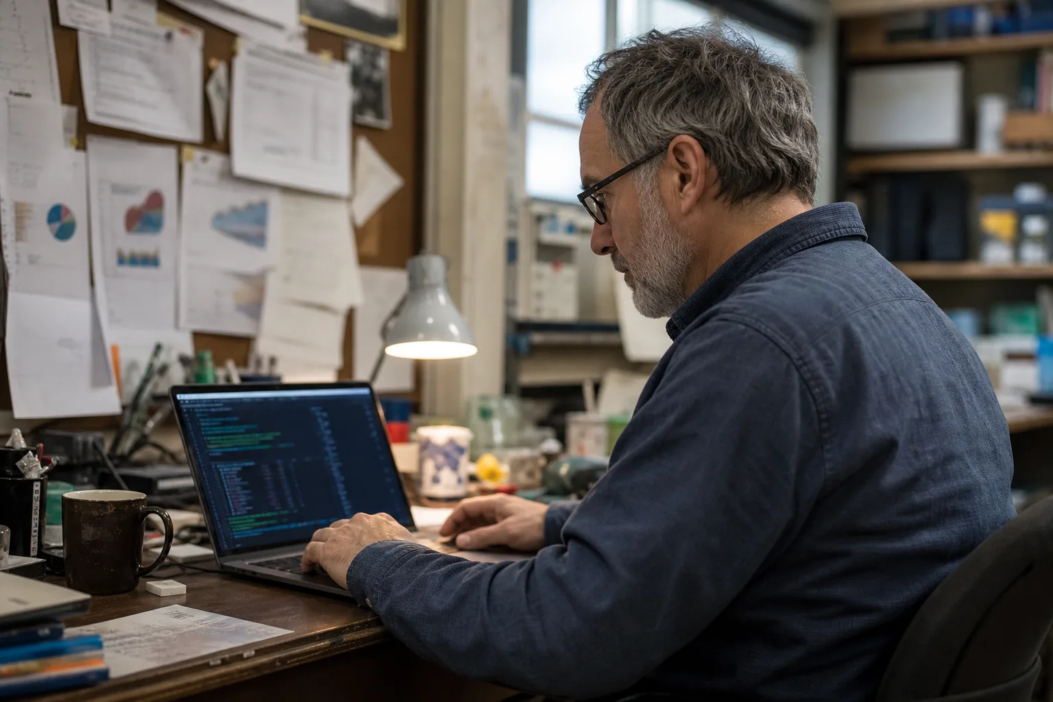 Data engineer at a cluttered desk with a laptop and printed charts working on a Python web app
