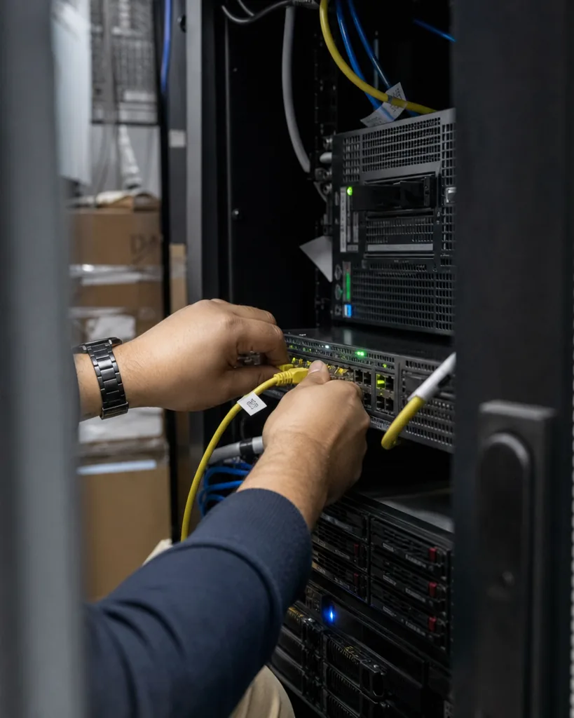 Technician's hands plugging an ethernet cable into a 1U server inside a rack with blinking LEDs