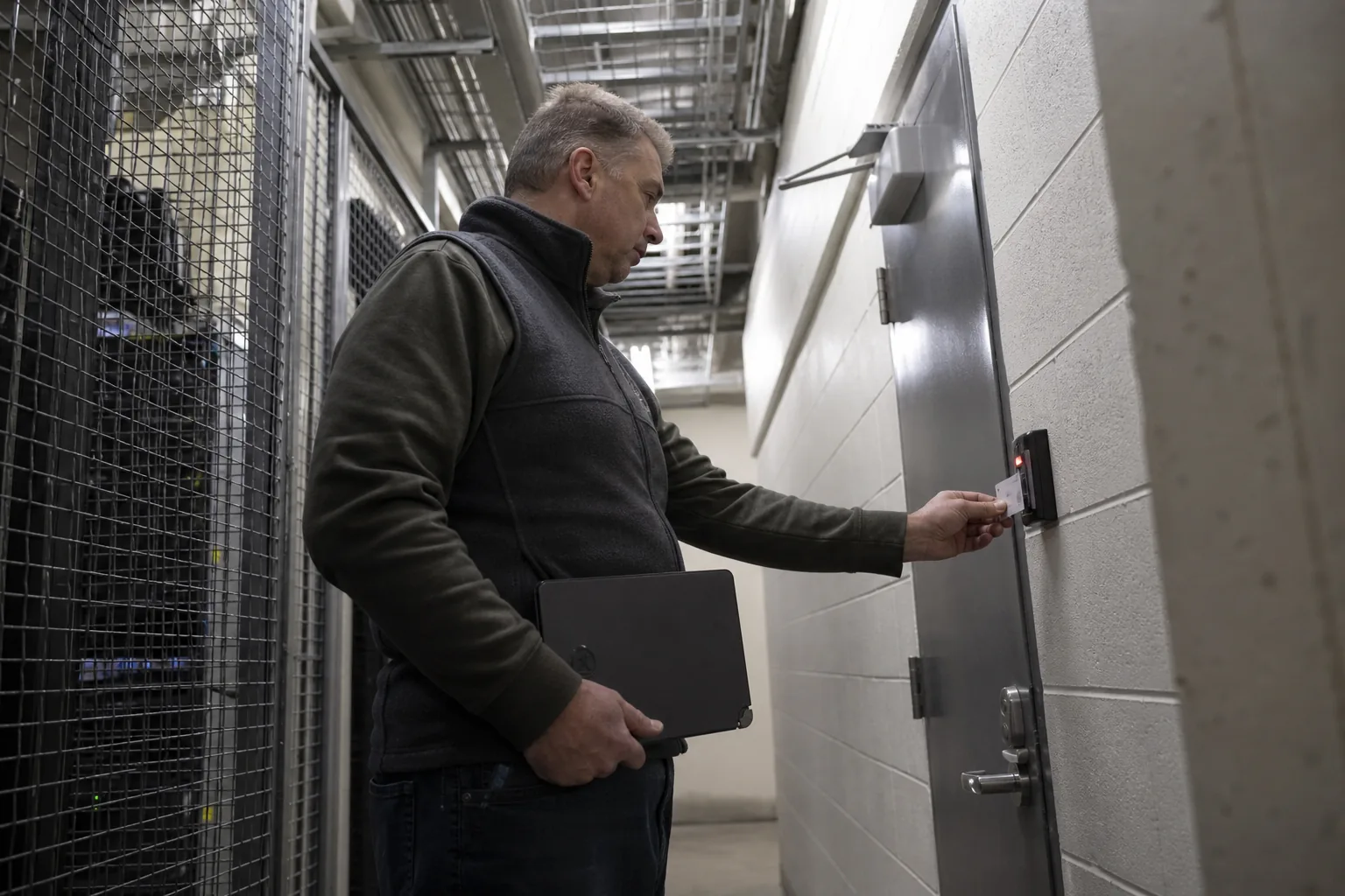 Engineer at a server room door holding a badge to a reader while carrying a laptop under the arm