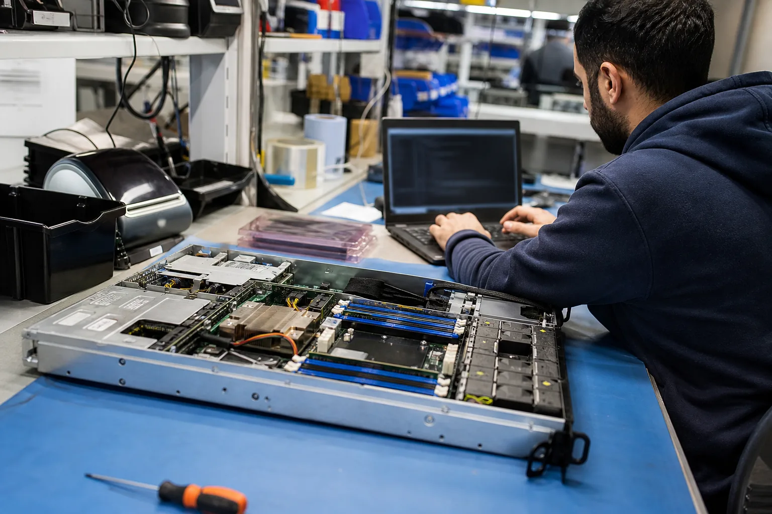Backend engineer at a workbench beside an open server running a compiled service on a laptop