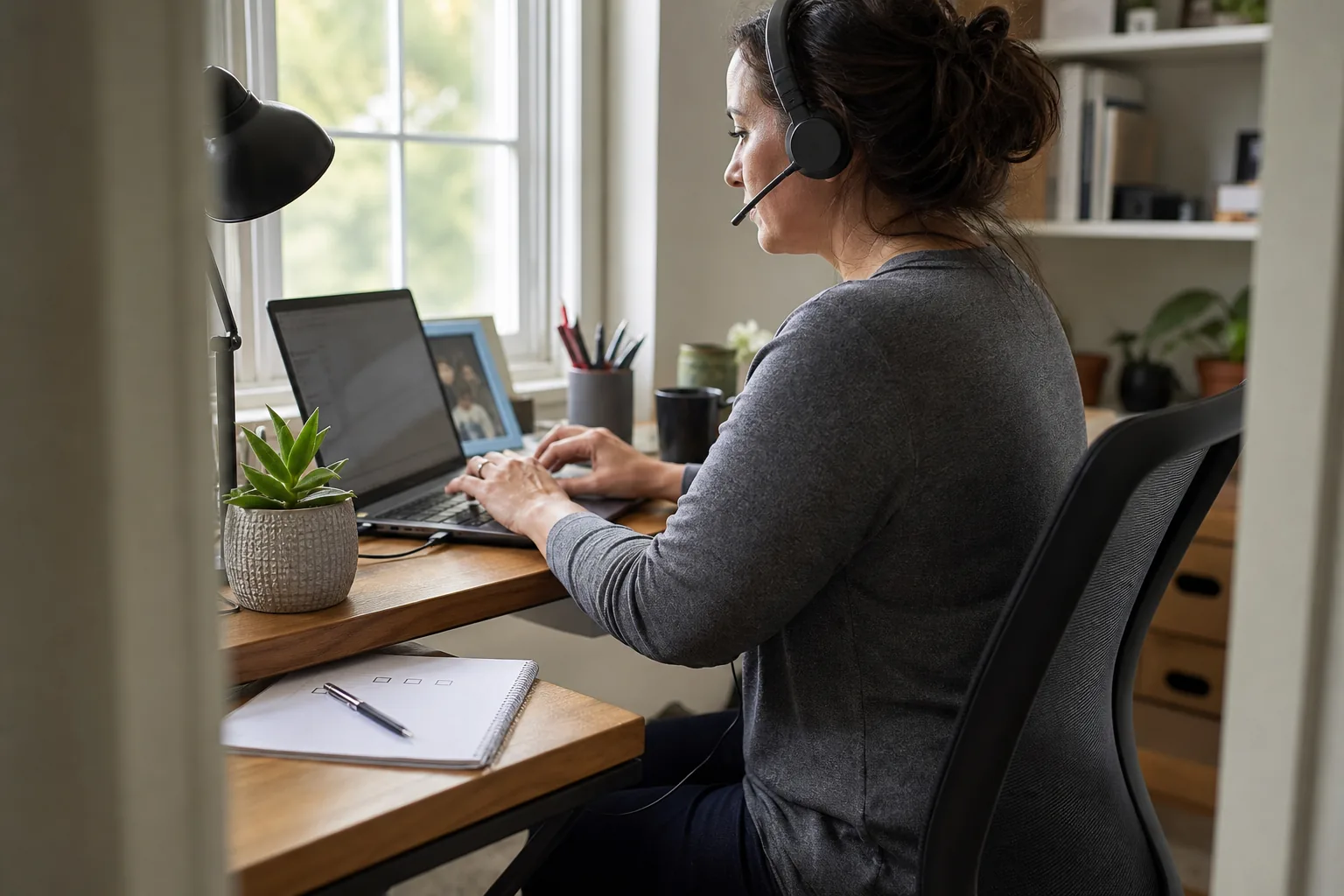 Support engineer with a headset answering a customer email at a tidy desk with a plant