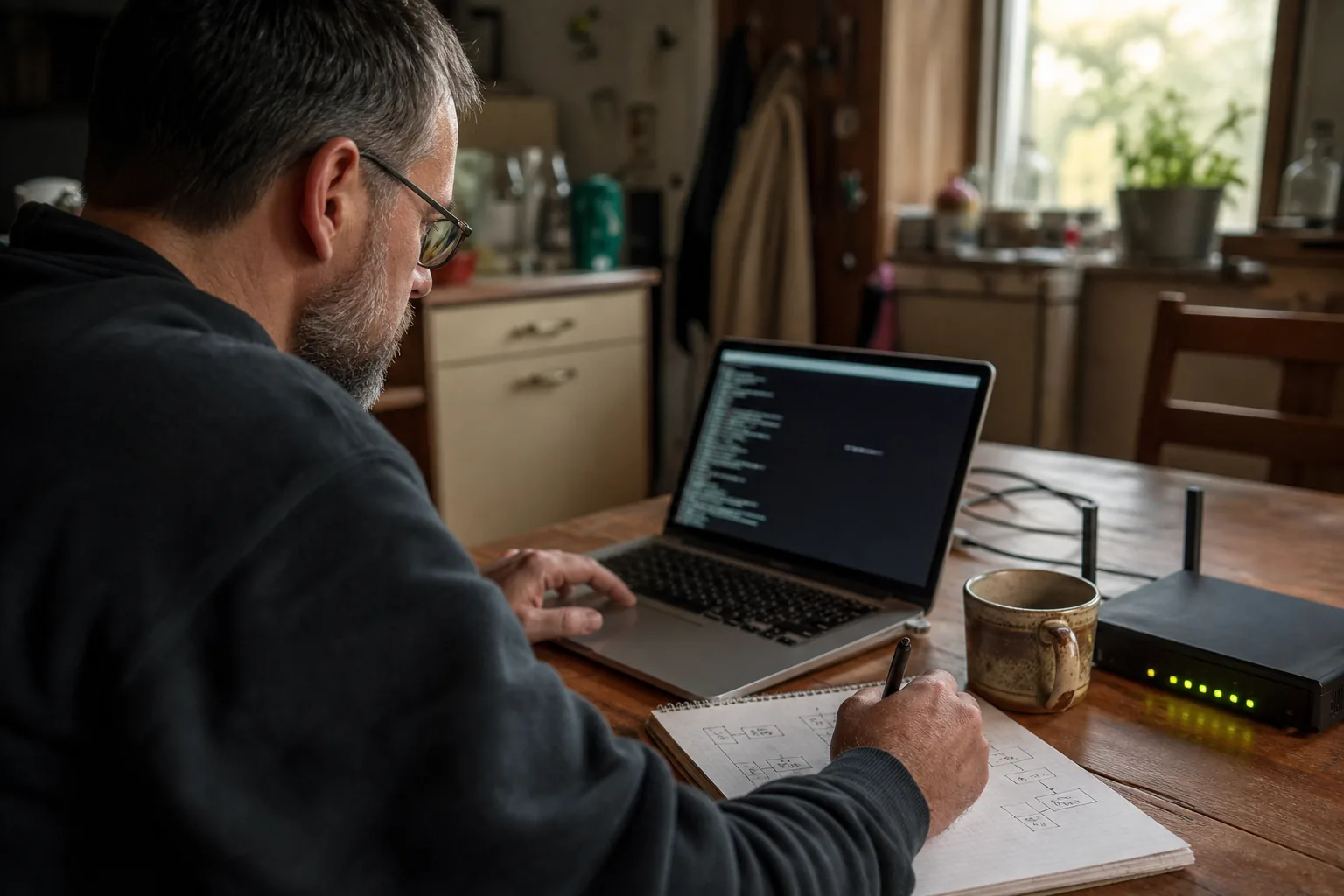 Sysadmin at a kitchen table at dawn running a server setup in a terminal on a laptop beside a router and notebook