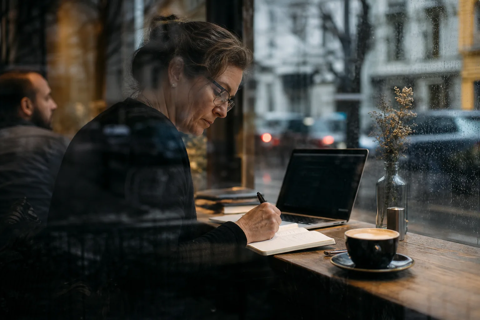 Engineer writing notes in a notebook next to a laptop and a mug in a cafe by a window